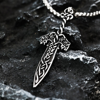 Vintage Antique Oxidized Stainless Steel Men's Viking Celtic Knot Sword Hollow Pendant Necklace