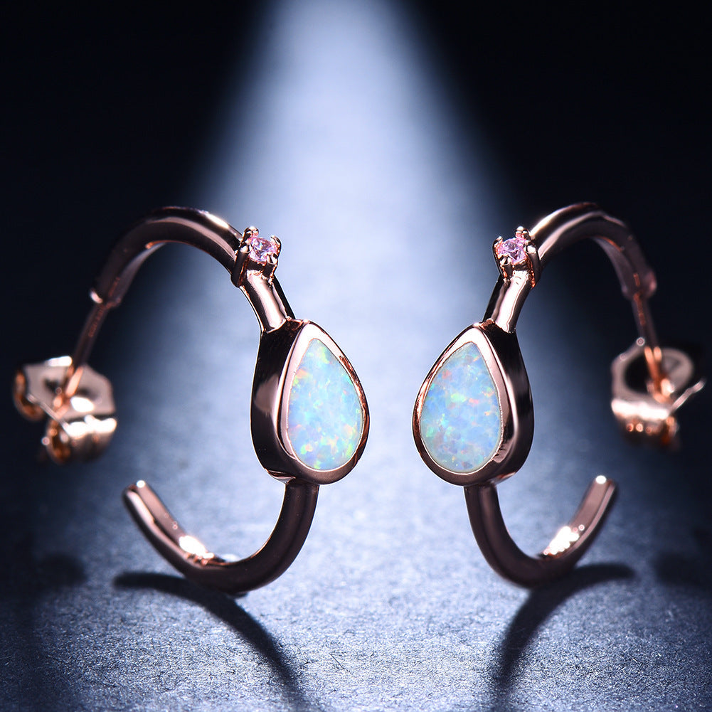 Women's C‑Shape Hoop Earrings, Teardrop Opal With Tiny Zirconia Accent