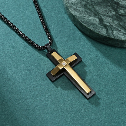 Men's Double-Layered Four-Sided Chamfered Zircon-Encrusted Cross Pendant Necklace