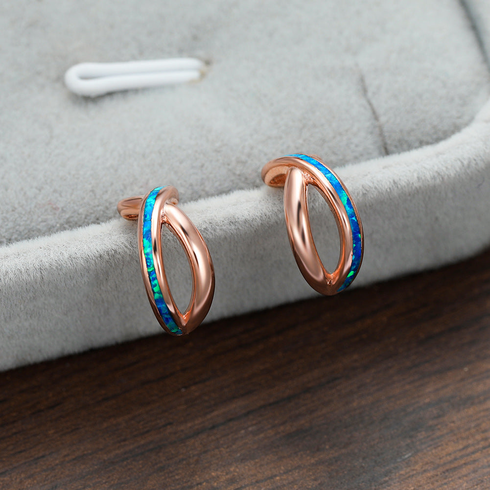 Women's Intertwined Cross‑Shape Stud Earrings, Blue Opal / White Opal Inlay, White Gold Plating / Rose Gold Plating