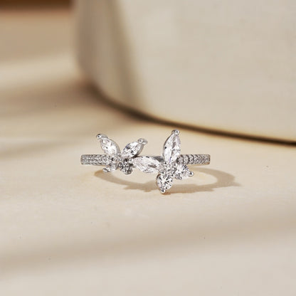 Women's S925 Silver Ring with White Gold Plating, Double Butterfly Inlaid Cubic Zirconia Unique Ladies Fashion Ring