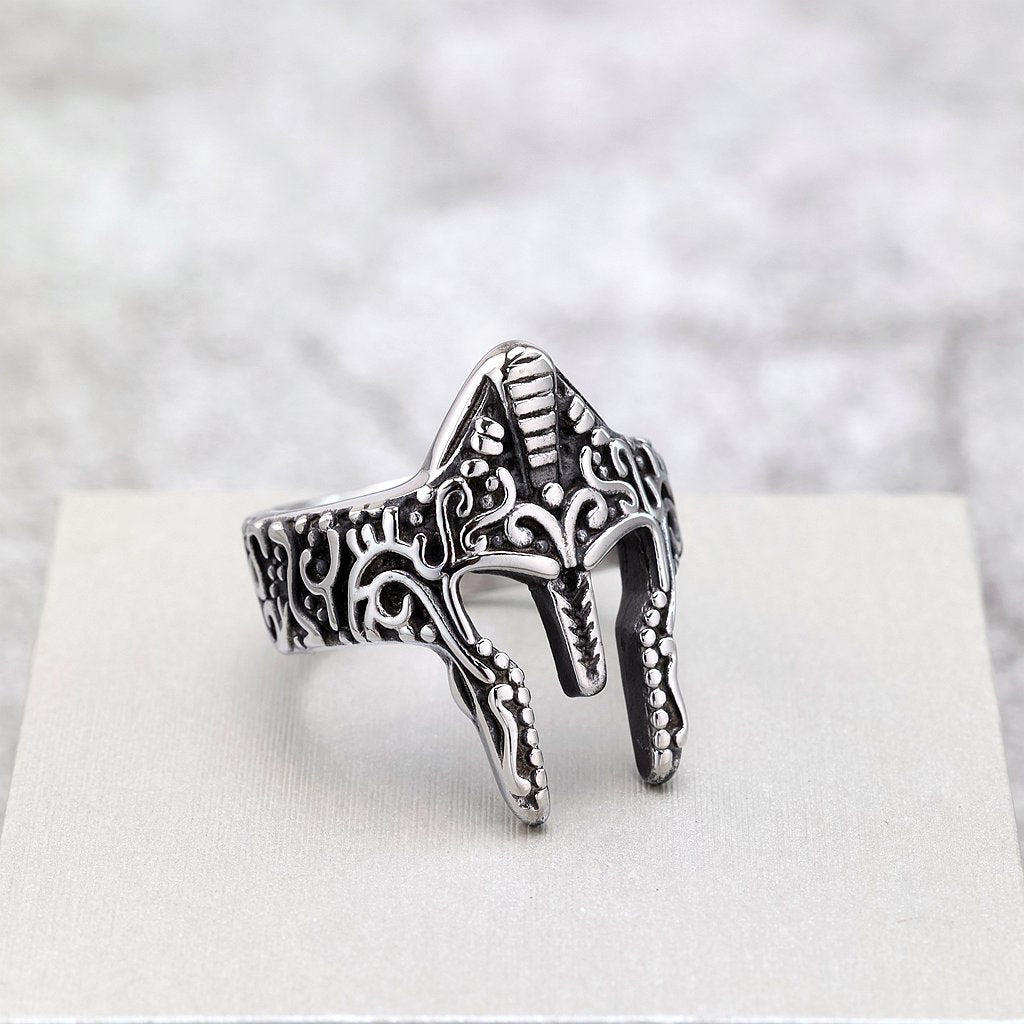 Vintage Solid Stainless Steel 3D Sparta Warrior Helmet Mask Band Ring for Men