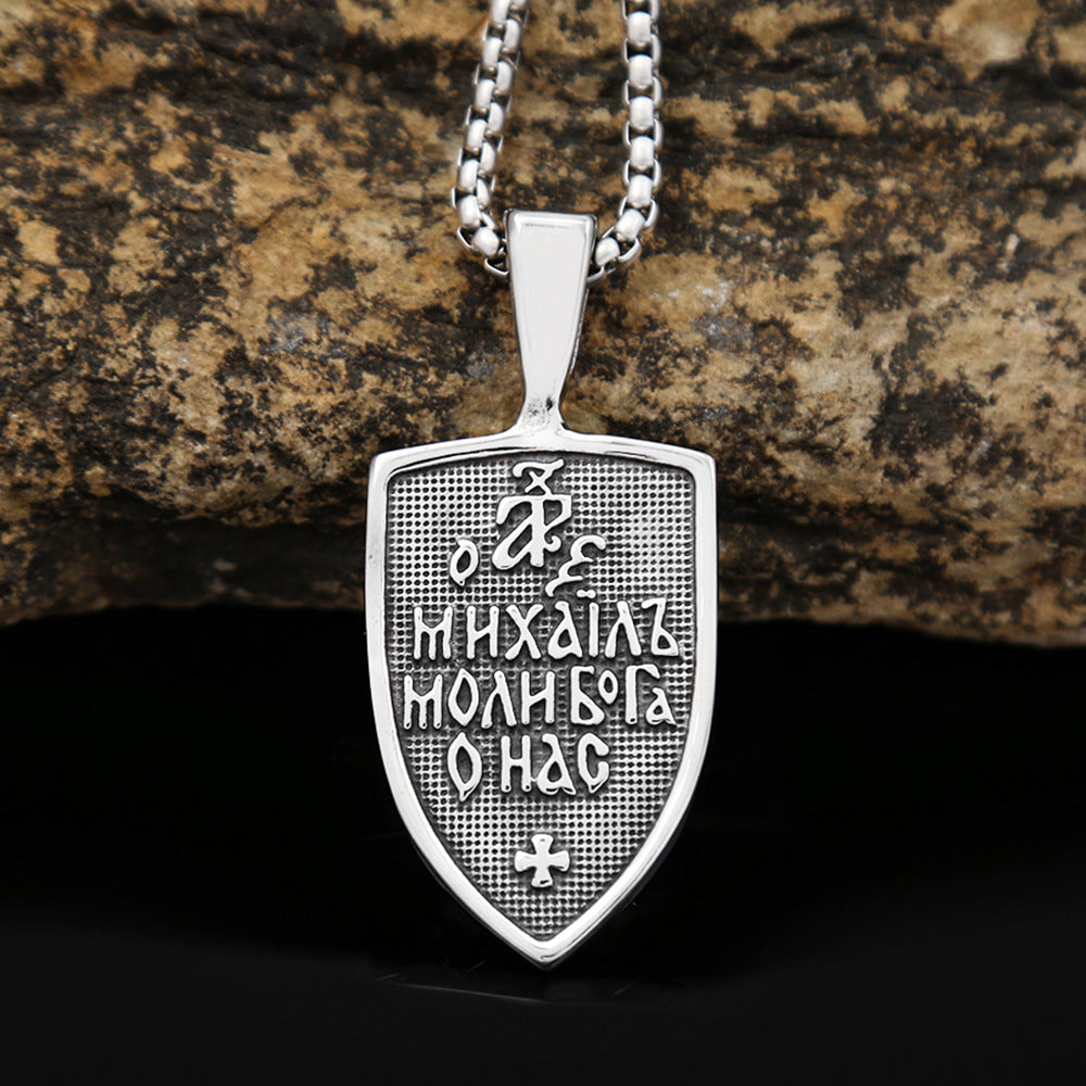 Men's Steel Archangel Shield Double Sided Pendant Necklace