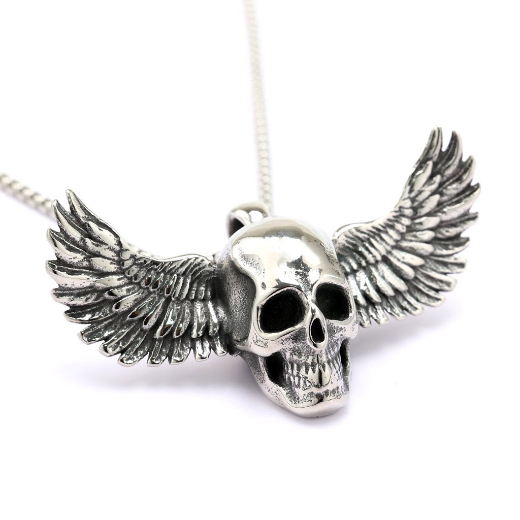 Men's Steel 3D Relief Winged Skull Pendant Necklace