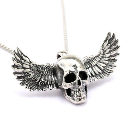 Men's Steel 3D Relief Winged Skull Pendant Necklace