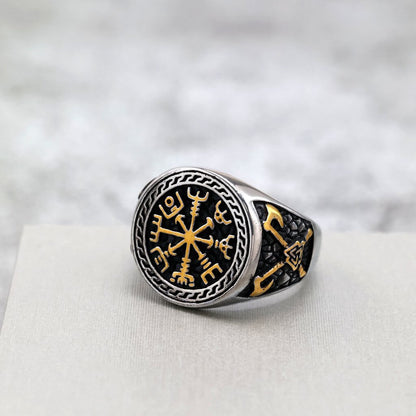 Vintage Nordic Solid Stainless Steel Engraved Axe Viking Compass Ring for Men