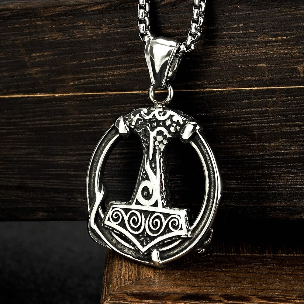Vintage Stainless Steel Viking Thor's Hammer Round Pendant Necklace for Men