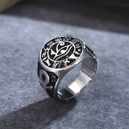 Vintage Solid Stainless Steel Ancient Egyptian Eye of Horus Cross Round Ring for Men
