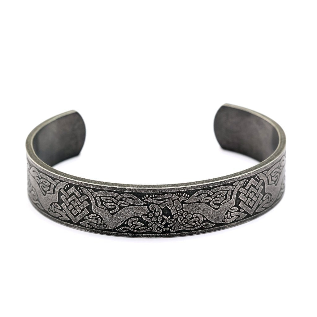 Men's Nordic Pirate Vintage Stainless Steel C-Cuff Bracelet with Engraved Viking Totem