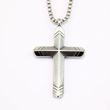 Vintage Stainless Steel Cross Striped Pendant Necklace for Men