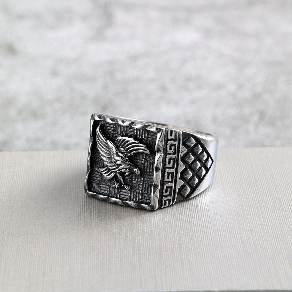 Vintage Solid Stainless Steel Eagle Embossed Square Signet Ring for Men