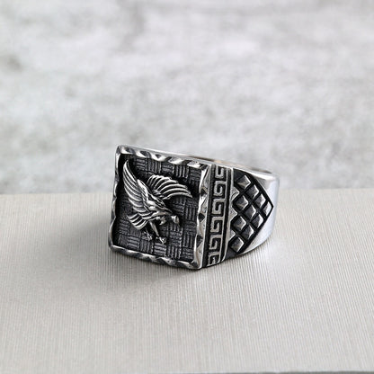 Vintage Solid Stainless Steel Eagle Embossed Square Signet Ring for Men