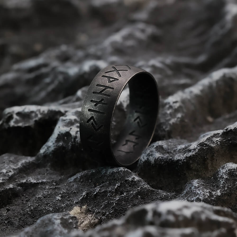 Vintage Nordic Stainless Steel Inner & Outer Engraved Viking Rune Band Ring for Men