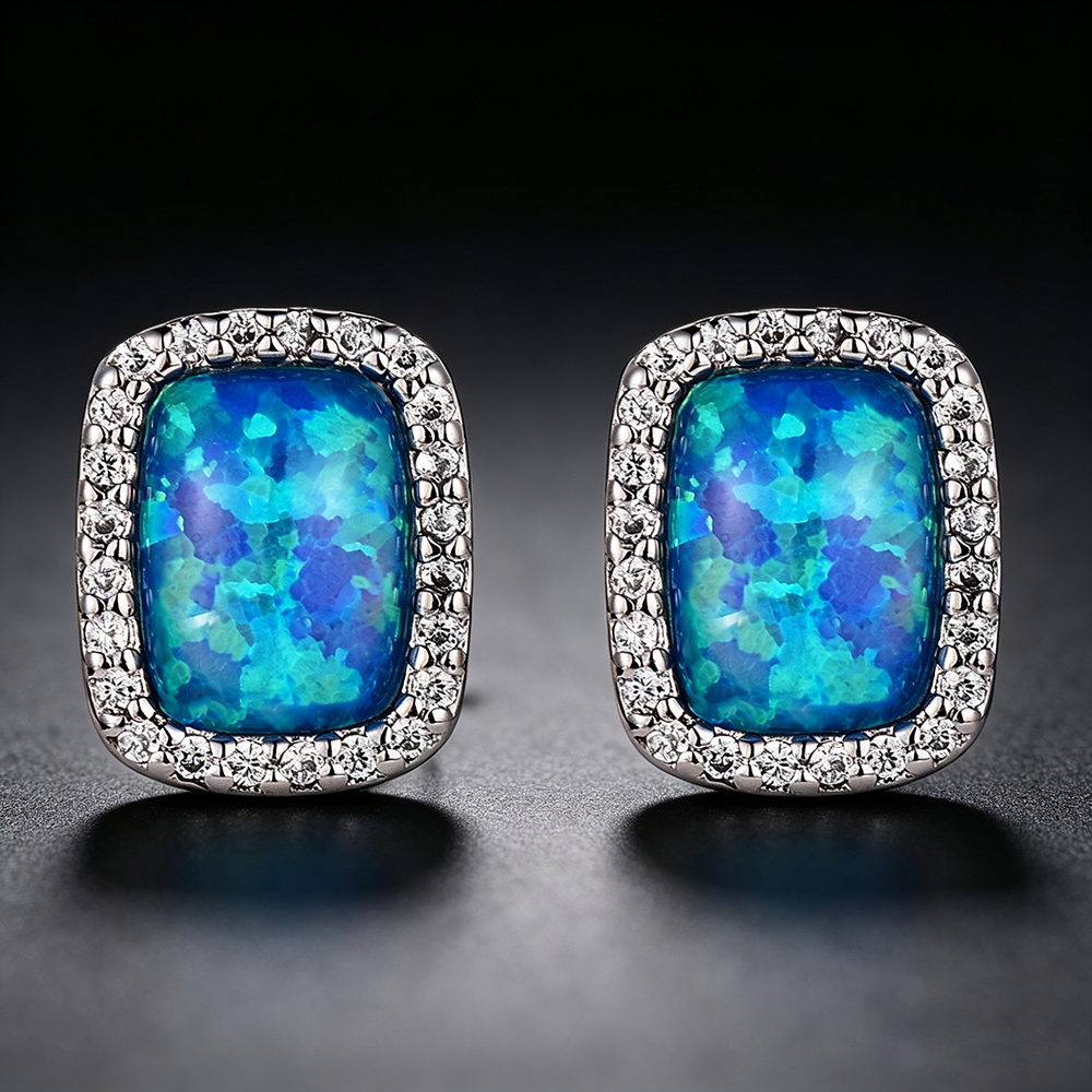 Women's Rectangle Halo Stud Earrings, Blue Opal Inlay Surrounded By Zirconia, with White Gold Plating