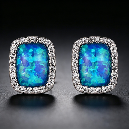 Women's Rectangle Halo Stud Earrings, Blue Opal Inlay Surrounded By Zirconia, with White Gold Plating