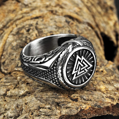 Vintage Solid Stainless Steel Norse Valknut Round Wide Signet Ring for Men