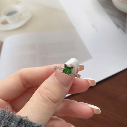 Women's Emerald Zirconia Four Prong Square Row Stone Ring, S925 with White Gold Plating