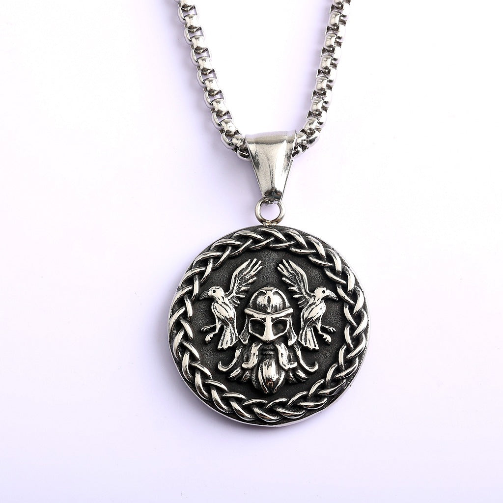 Vintage Nordic Stainless Steel Double Sided Viking Odin Huginn and Muninn Triangle Symbol Pendant Necklace for Men