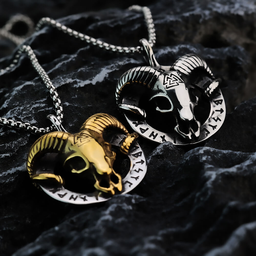Vintage Stainless Steel Viking Rune Ram Skull Pendant Necklace for Men