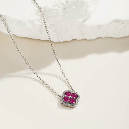 Niche Exquisite S925 Sterling Silver Four-Leaf Clover Necklace, Inlaid Rose Red & White Round Zirconia Floral Fashion Pendant