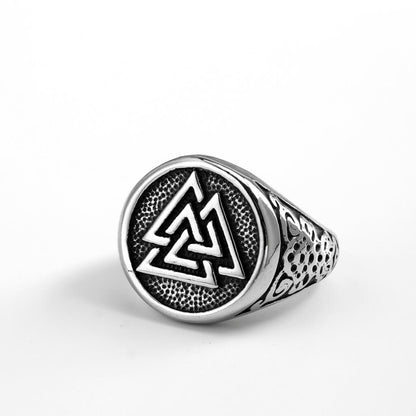 Vintage Solid Stainless Steel Viking Triangle Symbol Round Ring for Men