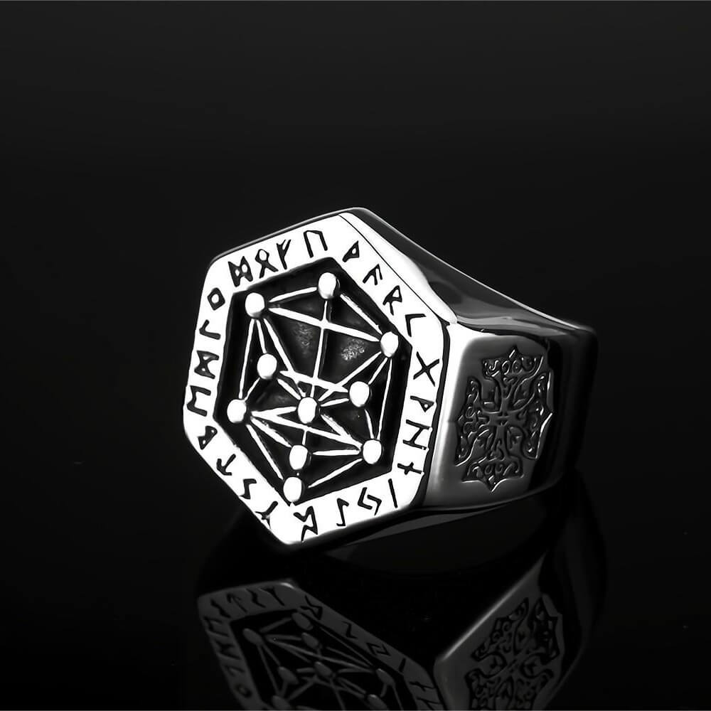 Vintage Nordic Solid Stainless Steel Viking Rune Vegvisir Compass Ring for Men