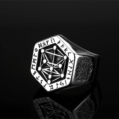 Vintage Nordic Solid Stainless Steel Viking Rune Vegvisir Compass Ring for Men