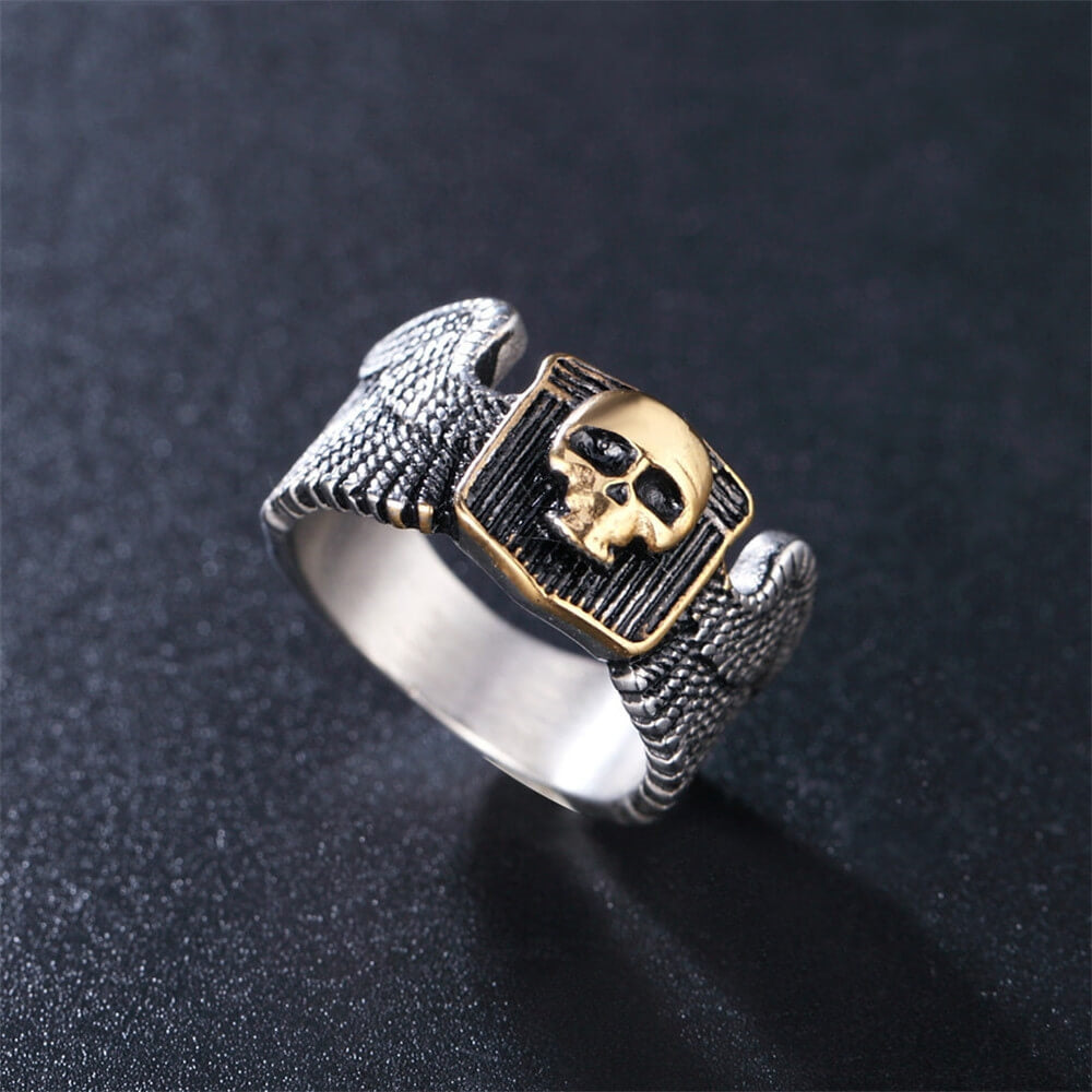 Vintage Solid Stainless Steel Wing Carved Halloween Skull Ring for Men