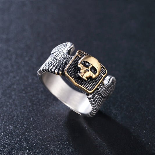 Vintage Solid Stainless Steel Wing Carved Halloween Skull Ring for Men