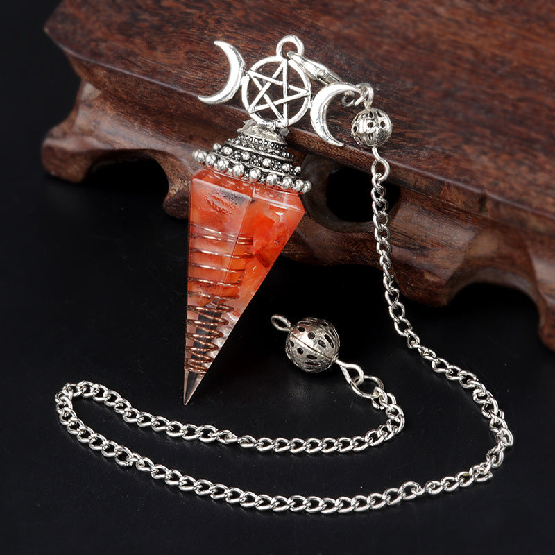 Three-phase moon seven-colored crushed stone resin crystal hexagonal pyramid spirit pendulum