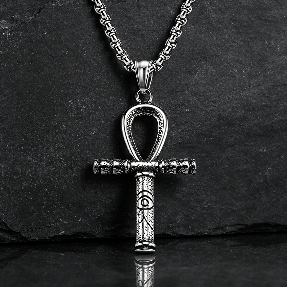 Men's Steel Egyptian Ankh Cross Eye of Horus Vintage Pendant Necklace