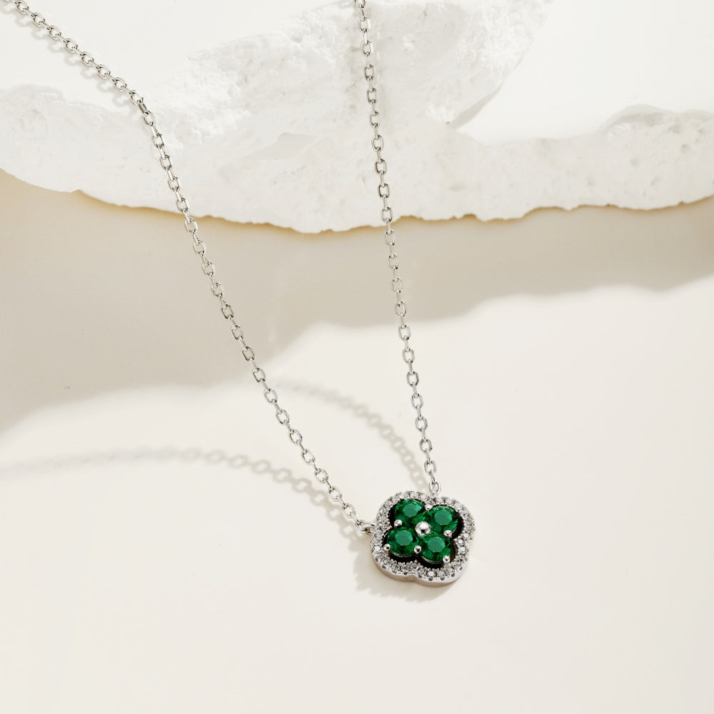 Niche Exquisite S925 Sterling Silver Four-Leaf Clover Necklace, Inlaid Green & White Round Zirconia Floral Fashion Pendant