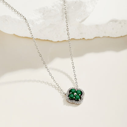 Niche Exquisite S925 Sterling Silver Four-Leaf Clover Necklace, Inlaid Green & White Round Zirconia Floral Fashion Pendant