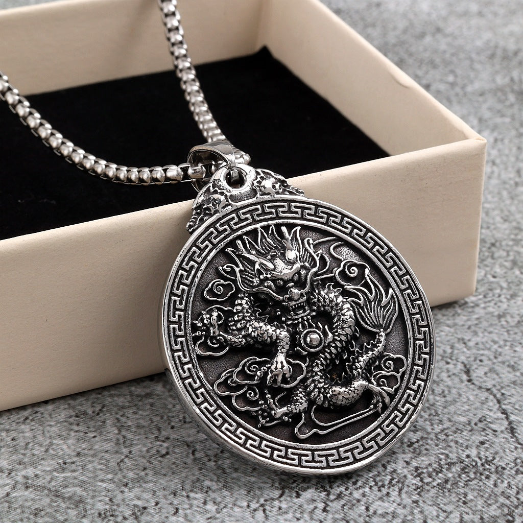 Vintage Stainless Steel Double-sided Chinese Dragon Pendant Necklace with Dragon Character for Men