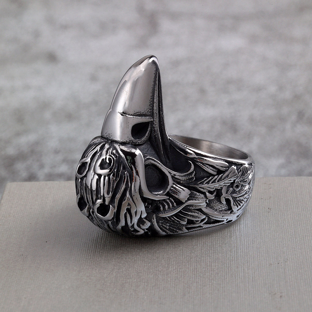 Vintage Solid Stainless Steel 3D Raven Skull Head Band Ring for Men