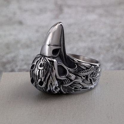 Vintage Solid Stainless Steel 3D Raven Skull Head Band Ring for Men