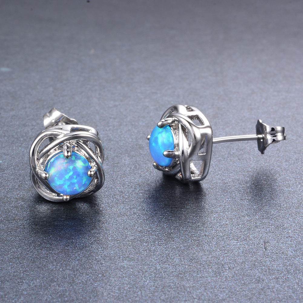 Women's Four‑Prong Blue Round Opal Braided Frame Stud Earrings