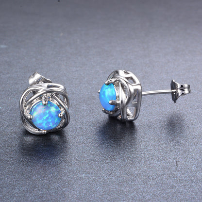 Women's Four‑Prong Blue Round Opal Braided Frame Stud Earrings