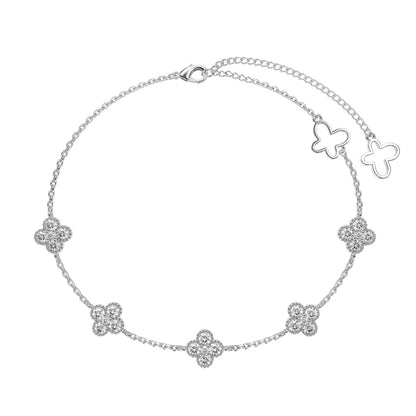 Women's Fashion Exquisite Bracelet, Round Zirconia Inlaid Clover & Hollow Butterfly Design, S925 with White Gold Plating