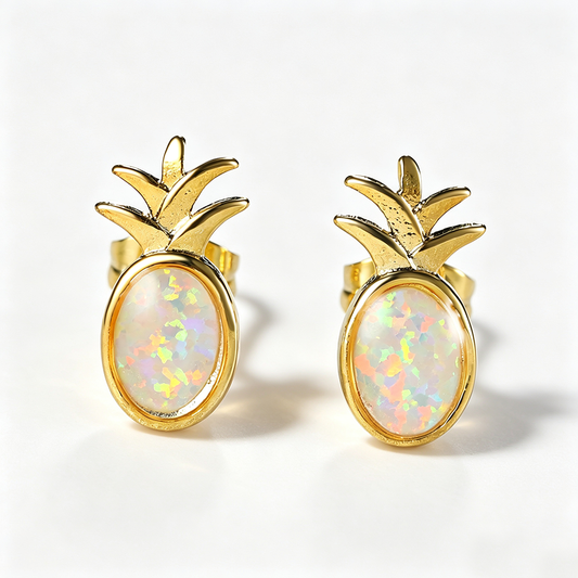 Women's Pineapple‑Shape Oval Blue & White Opal Stud Earrings