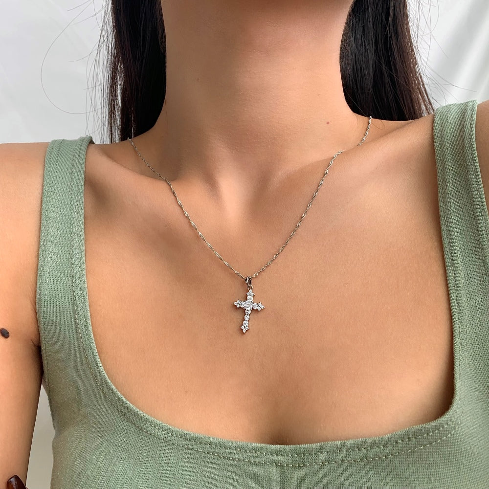 Women's Stackable Religious Cross Pendant Necklace, Zirconia Inlay, S925 with White Gold Plating