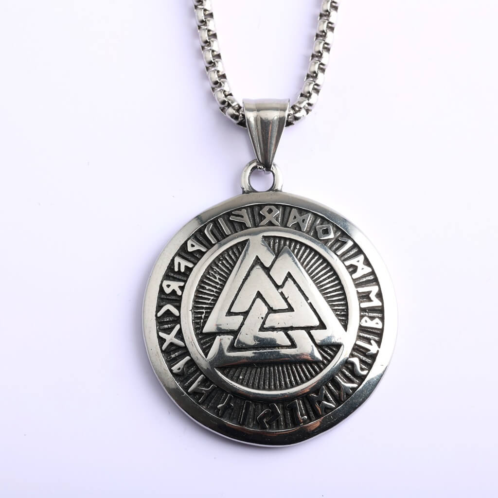 Men's Steel Viking Valknut Rune Round Tag Pendant Necklace