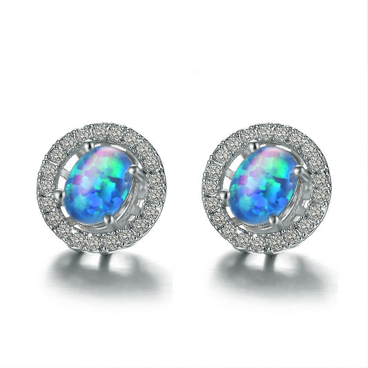 Women's Oval Halo Round Zirconia Stud Earrings, Inlaid with Blue Opal & White Opal, with White Gold Plating