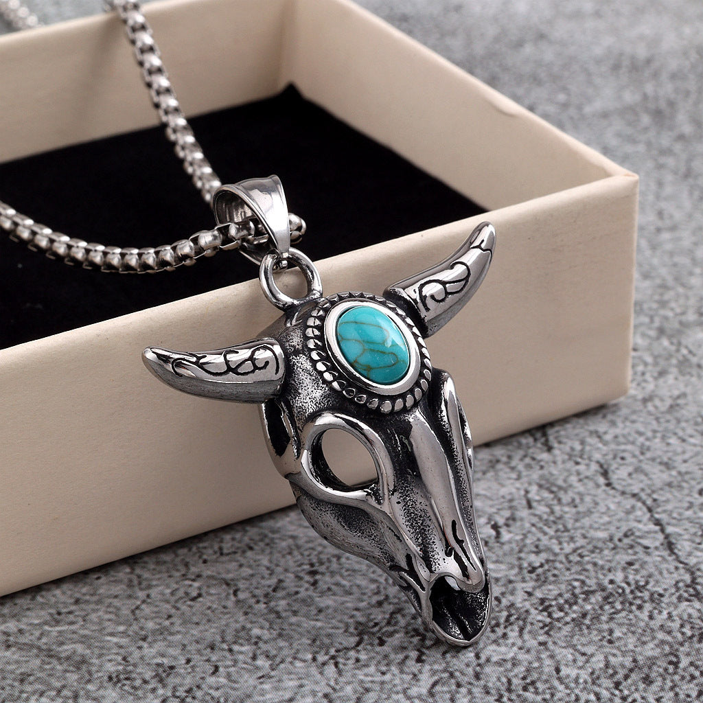 Vintage Stainless Steel green Head Pendant Necklace for Men with Inlaid Blue Stone