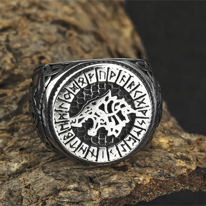 Vintage Solid Stainless Steel Round Signet Viking Wolf Head Rune Hip Hop Ring for Men