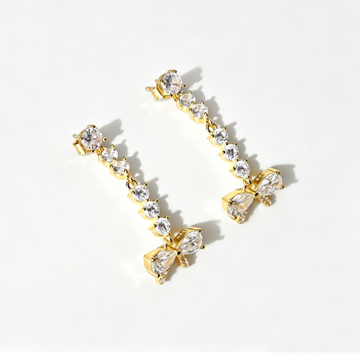 Women's Bow Dangle Earrings, Clear Zirconia Bow with Round Zirconia Chain, S925 with 18K Gold Plating