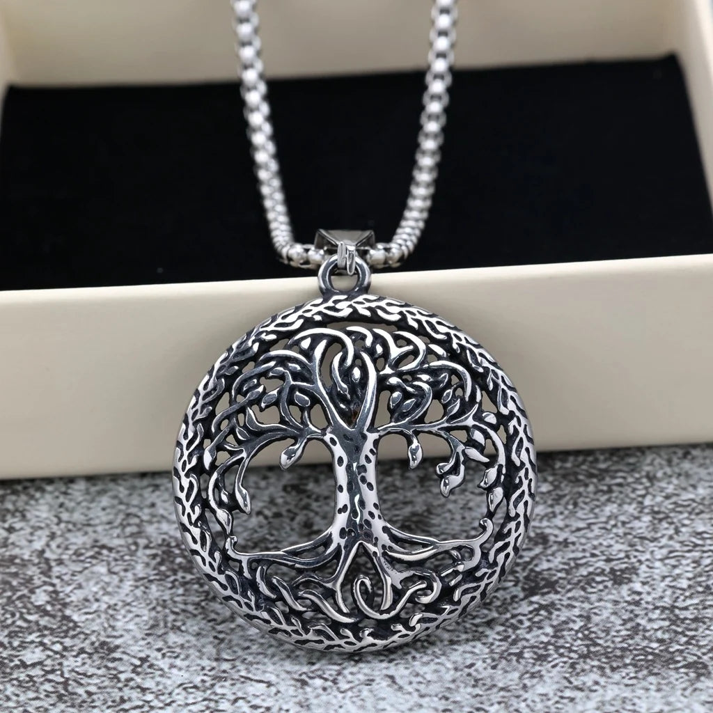 Vintage Stainless Steel Hollow Tree of Life Pendant Necklace for Men
