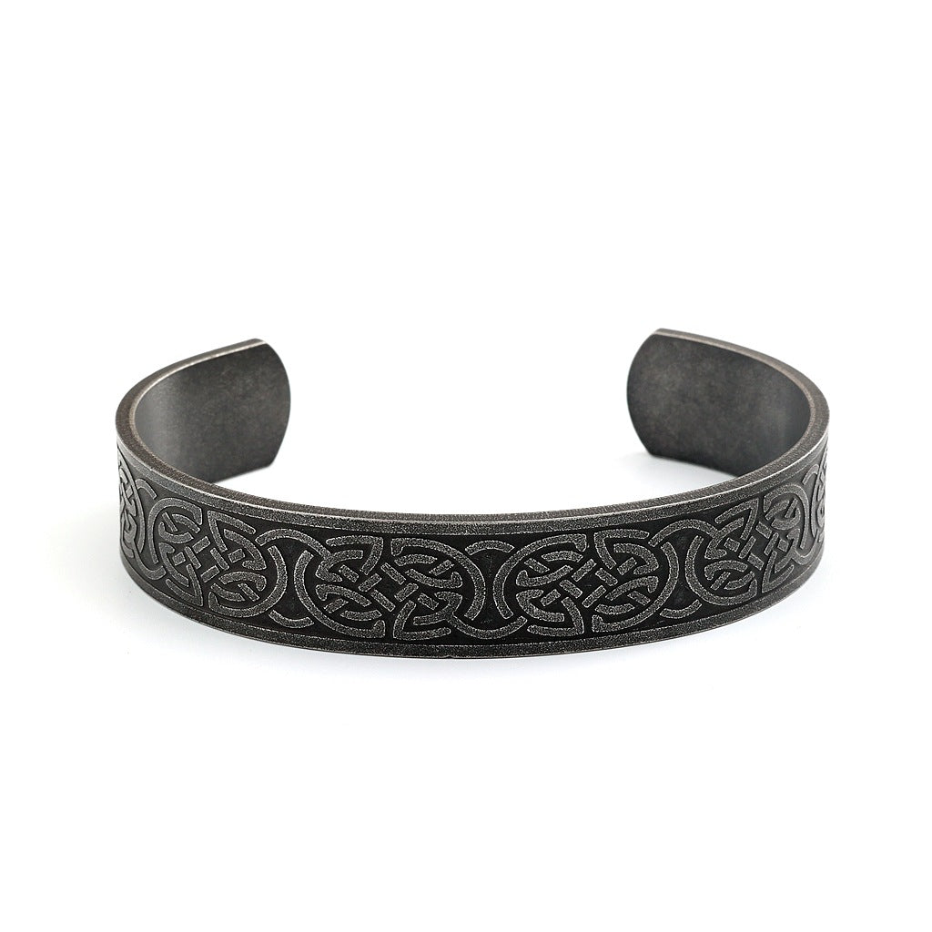 Men's Vintage Distressed Stainless Steel Cuff Bracelet, Nordic Viking Pirate Celtic Knot Open C Bangle