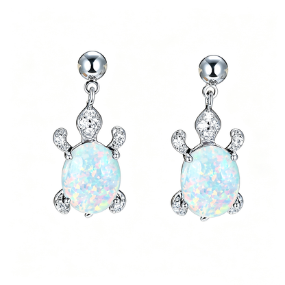 Women's Turtle Design Dangle Earrings Inlaid with Blue Opal, White Opal, Green Opal and Round Zirconia