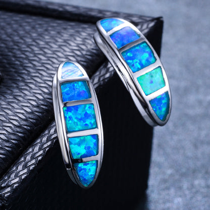Women's Curved Grooved Stud Earrings, Blue Opal / White Opal